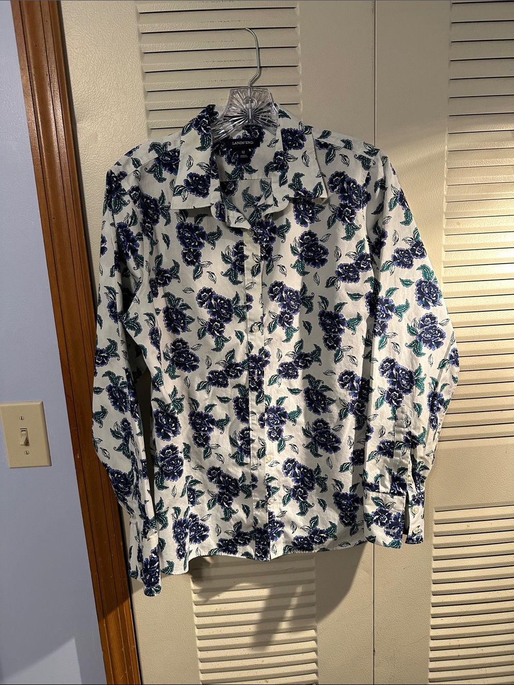 Lands' End Women’s White Button-Down Shirt with Blue and Green Floral Print